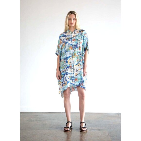 R13 Blue Hawaiian Beach Aloha Oversize Button Up Shirt Dress Japan sz Small /417 - Picture 2 of 12